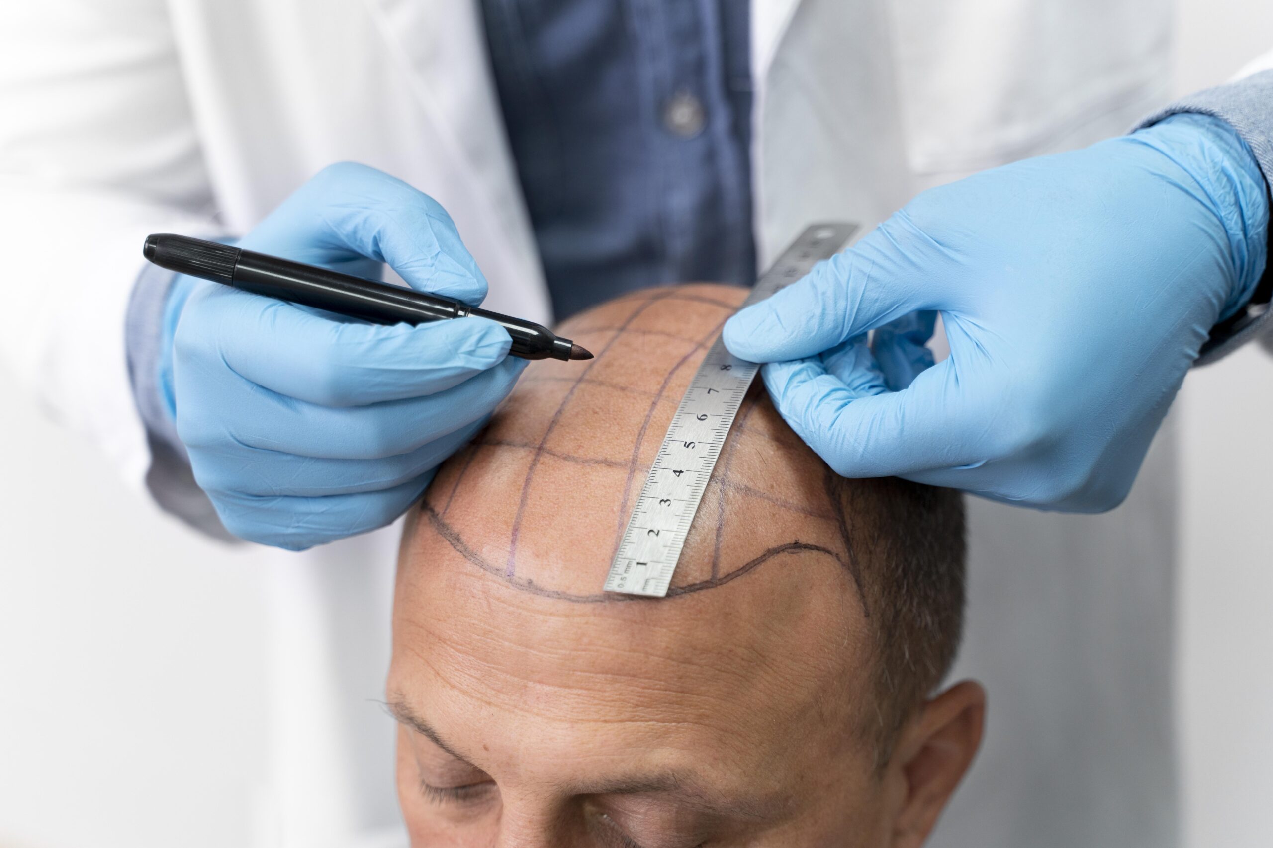 Doctor performing a modern FUE hair transplant procedure in a clinic