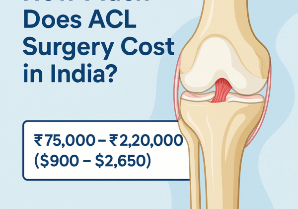 ACL surgery cost in India infographic showing knee joint anatomy and price range ₹75,000–₹2,20,000 ($900–$2,650)