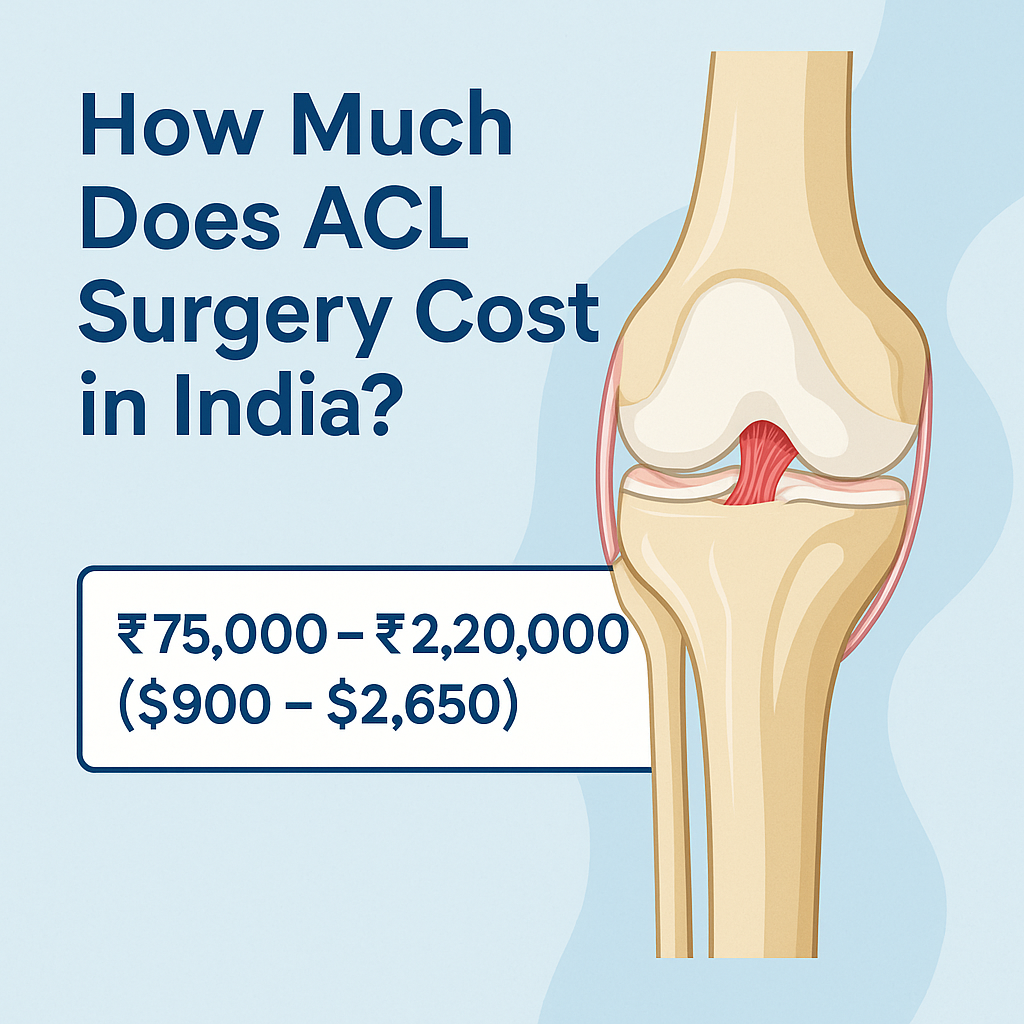 ACL surgery cost in India infographic showing knee joint anatomy and price range ₹75,000–₹2,20,000 ($900–$2,650)