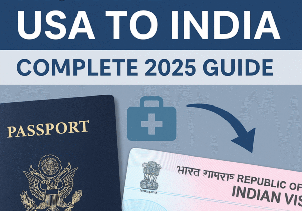Illustration showing Medical Visa process from USA to India with passport, Indian visa stamp, airplane route, and hospital icons