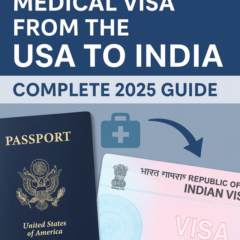 Illustration showing Medical Visa process from USA to India with passport, Indian visa stamp, airplane route, and hospital icons