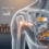 Shoulder arthroscopic surgery in India, a detailed medical illustration of a glowing shoulder joint with an arthroscope, overlaid on a blurred background of Mumbai's Gateway of India and a vibrant Indian street scene, incorporating minimalist graphs and Indian Rupee (INR) and US Dollar (USD) currency symbols to represent cost savings and medical tourism.