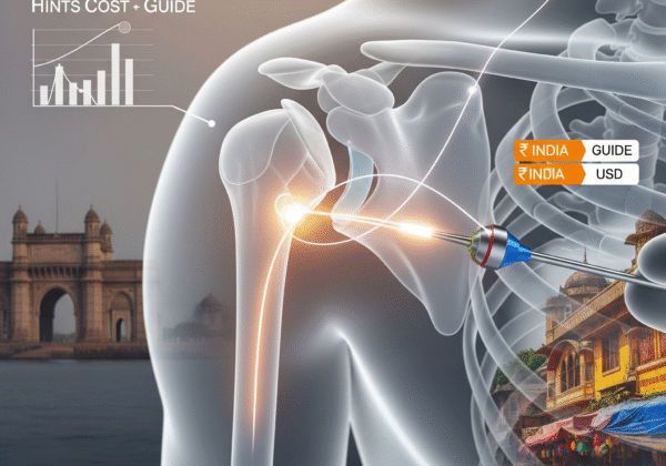 Shoulder arthroscopic surgery in India, a detailed medical illustration of a glowing shoulder joint with an arthroscope, overlaid on a blurred background of Mumbai's Gateway of India and a vibrant Indian street scene, incorporating minimalist graphs and Indian Rupee (INR) and US Dollar (USD) currency symbols to represent cost savings and medical tourism.