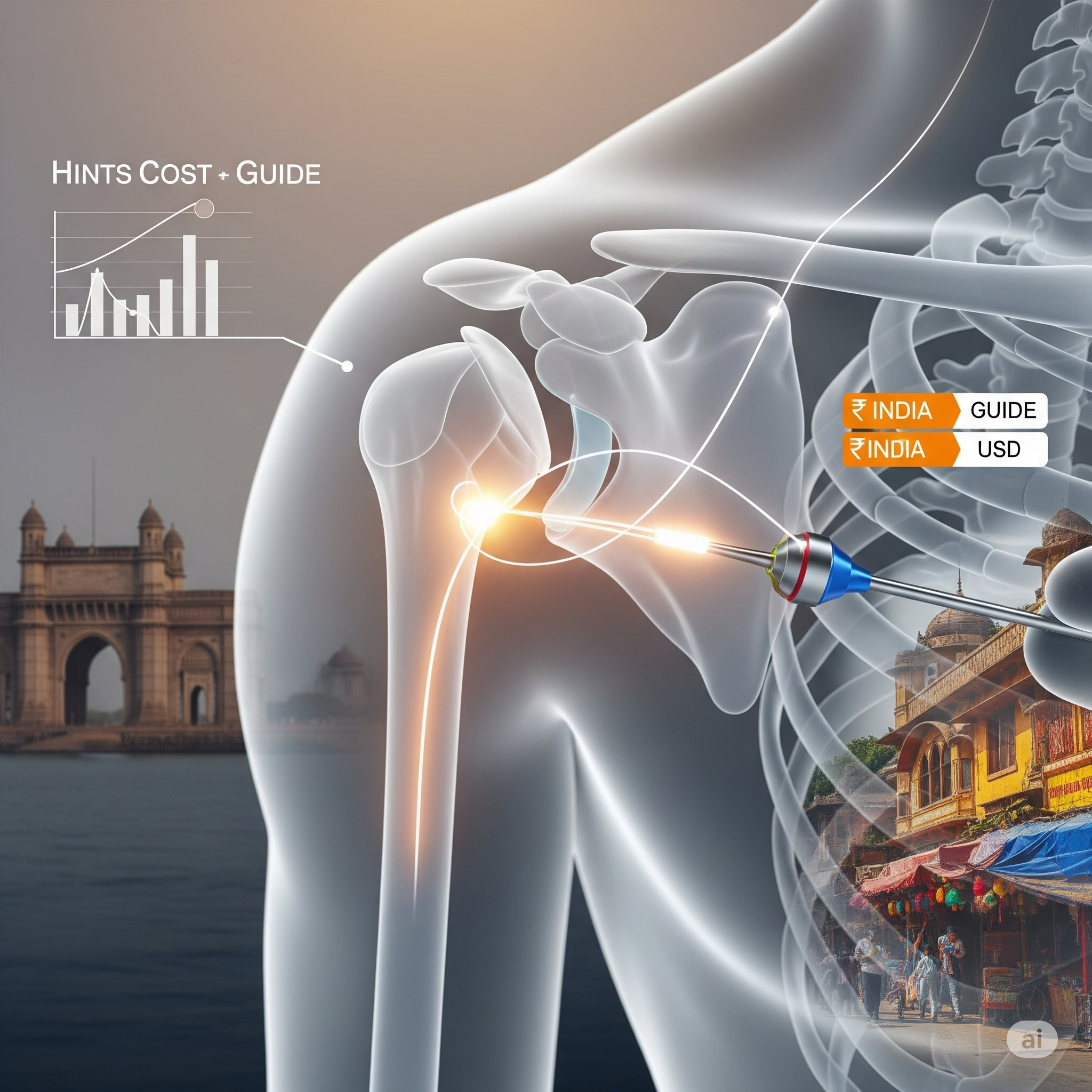 Shoulder arthroscopic surgery in India, a detailed medical illustration of a glowing shoulder joint with an arthroscope, overlaid on a blurred background of Mumbai's Gateway of India and a vibrant Indian street scene, incorporating minimalist graphs and Indian Rupee (INR) and US Dollar (USD) currency symbols to represent cost savings and medical tourism.