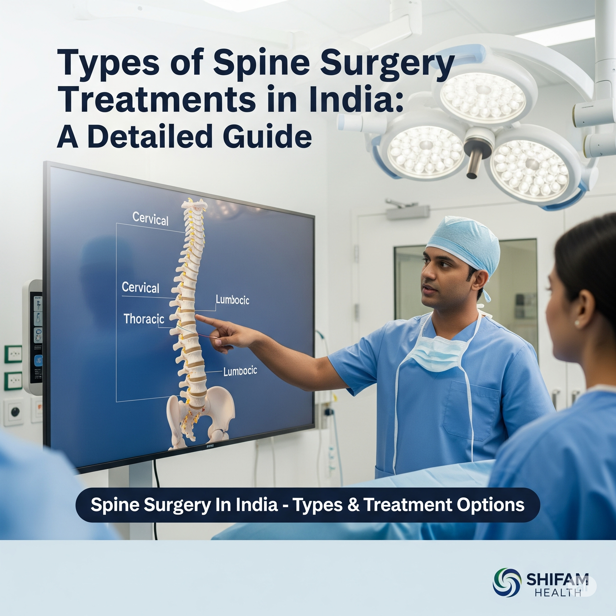 Indian surgeon explaining spine surgery types with 3D model in modern hospital - Shifam Health