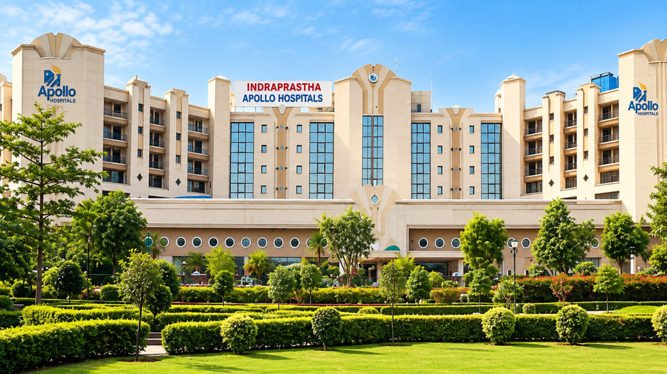 Indraprastha Apollo Hospitals Delhi exterior with landscaped gardens and modern hospital architecture
