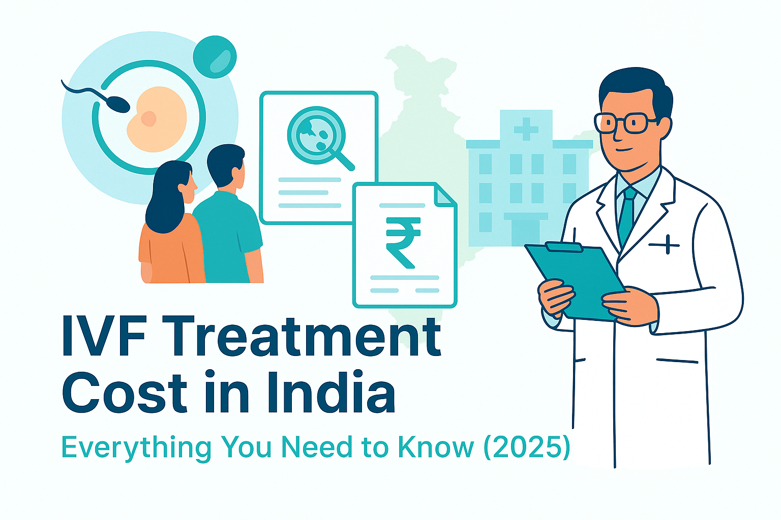 Illustration of IVF embryo, Indian currency symbol, doctor, hospital, and couple with IVF chart - representing IVF treatment cost in India 2025