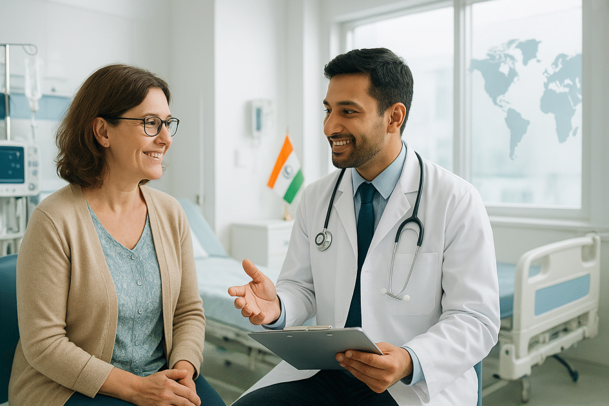 Smiling Indian doctor consulting with an international patient in a modern hospital in India, with Indian flag and world map in background.
