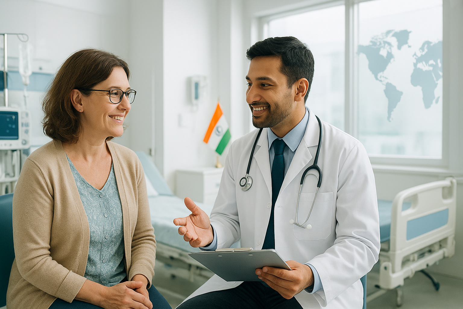 Smiling Indian doctor consulting with an international patient in a modern hospital in India, with Indian flag and world map in background.