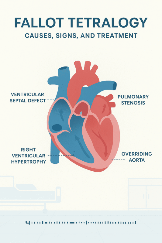 Medical illustration of Tetralogy of Fallot showing four heart defects – ventricular septal defect, pulmonary stenosis, right ventricular hypertrophy, and overriding aorta with labeled diagram.