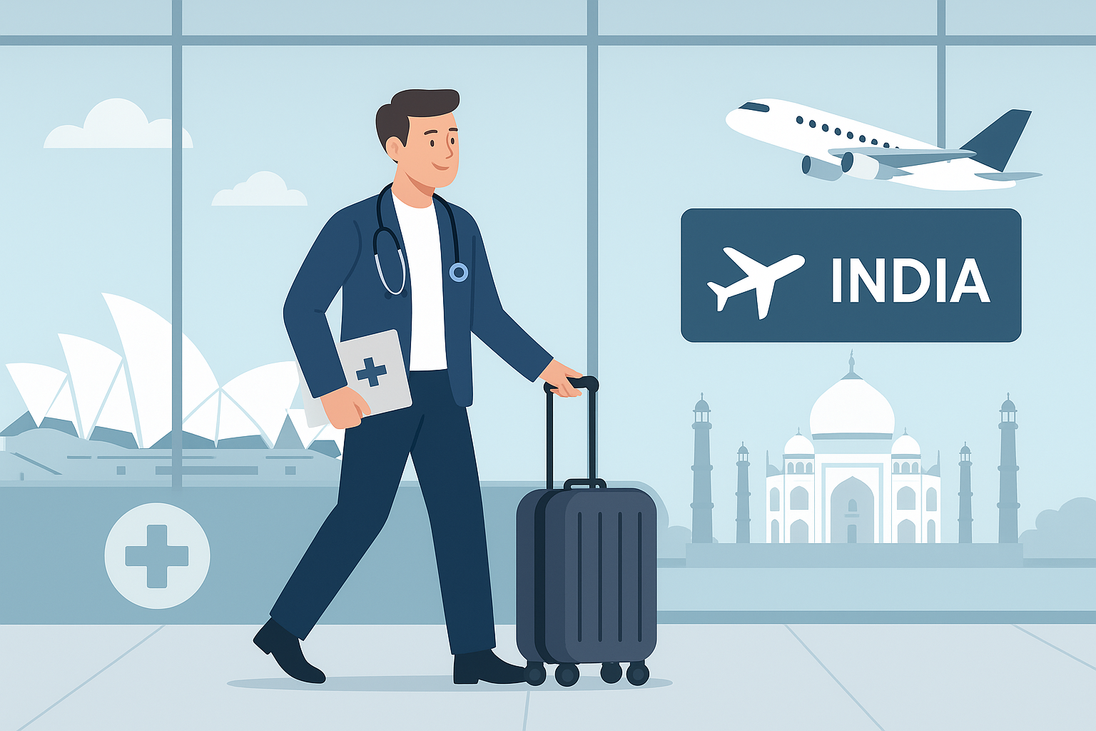 Australian traveler with medical file and suitcase at airport, flying to India for healthcare with Sydney Opera House and Taj Mahal in background