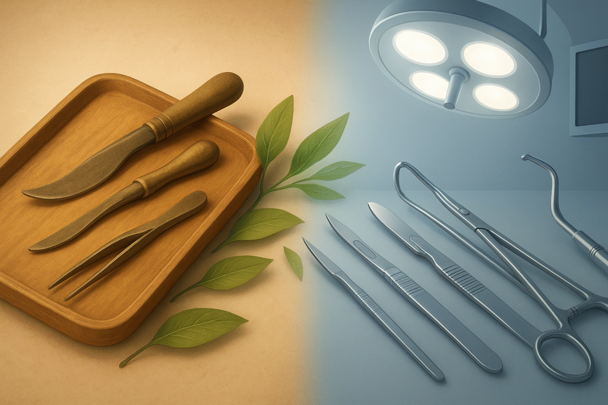 “Illustration of India holistic healing modern surgery 2025 combining Ayurveda, Yoga, and advanced surgical care for medical tourists”