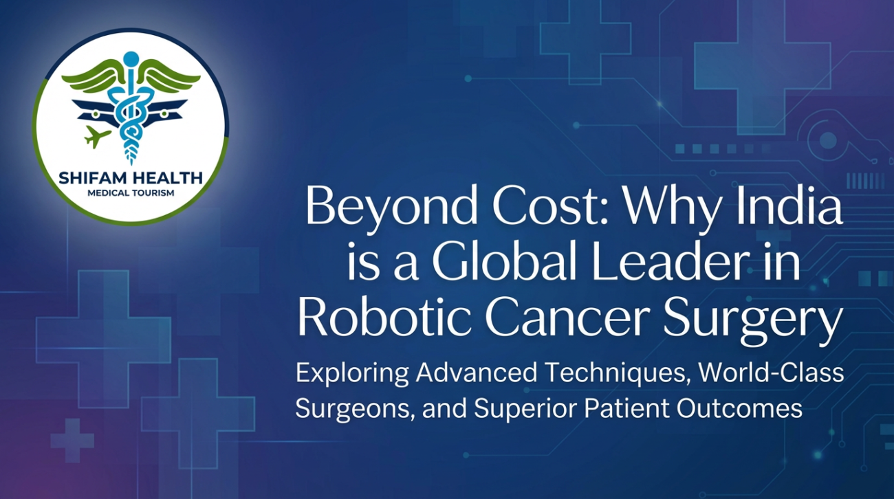 Robotic Cancer Surgery in India visual showing advanced medical technology, digital healthcare graphics, and India’s leadership in precision robotic cancer treatment.