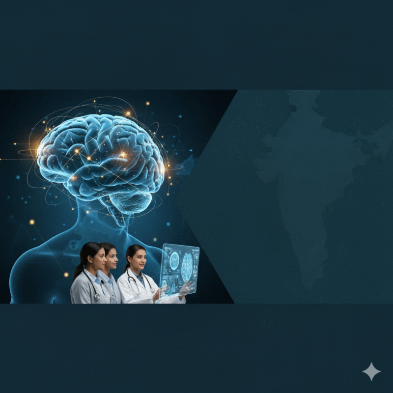 Three female doctors analyze futuristic brain scan data, symbolizing technological advancements in brain cancer treatment in India for global medical tourists.