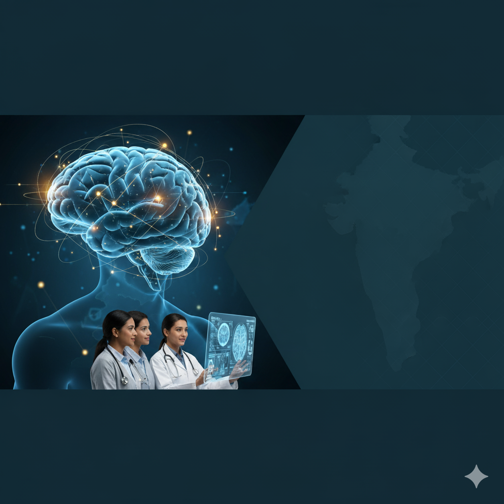 Three female doctors analyze futuristic brain scan data, symbolizing technological advancements in brain cancer treatment in India for global medical tourists.