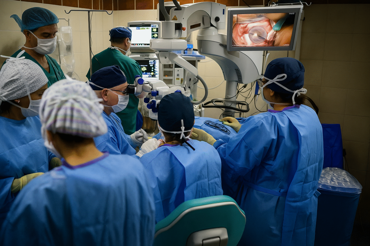 Doctors performing cornea transplant surgery in a modern operating room with advanced surgical equipment.