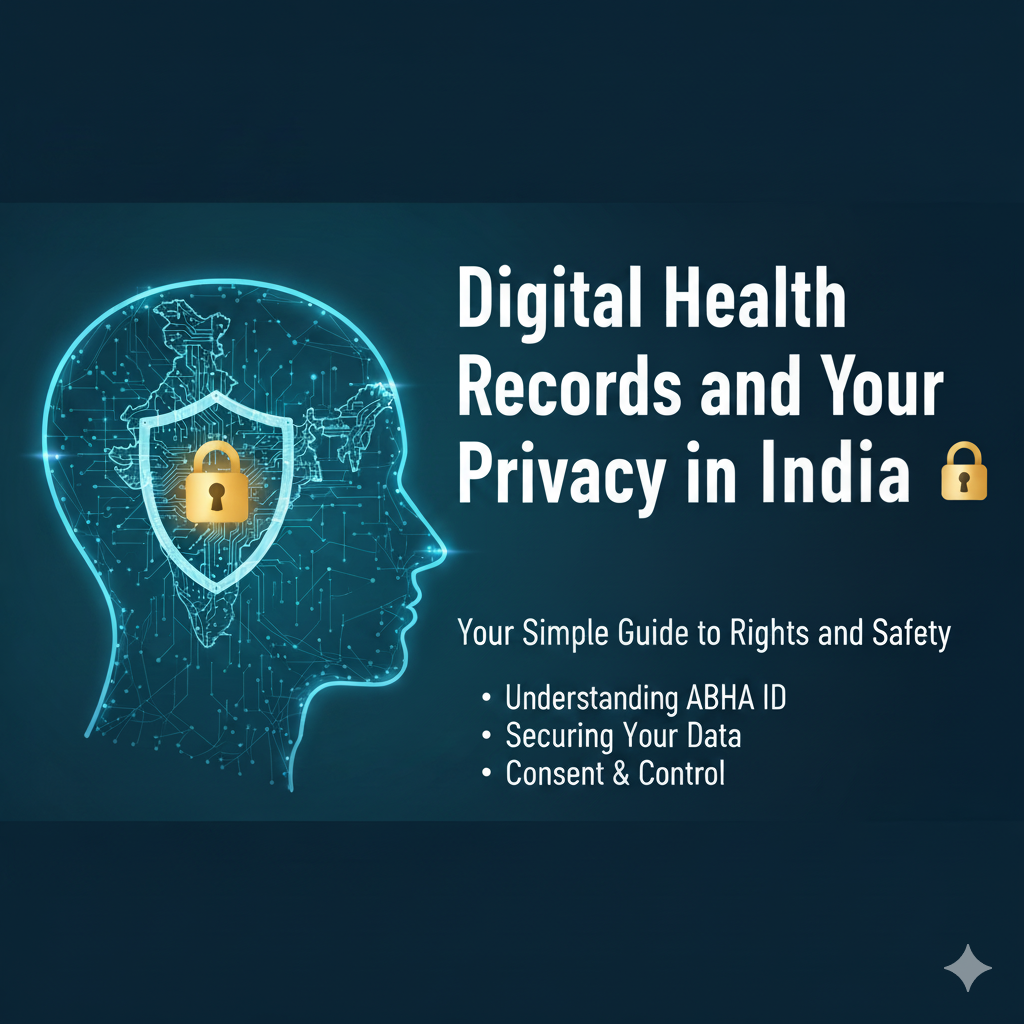 Illustration of a human head outline with a digital map of India and a padlock shield symbol, representing secure digital health records and privacy in India.