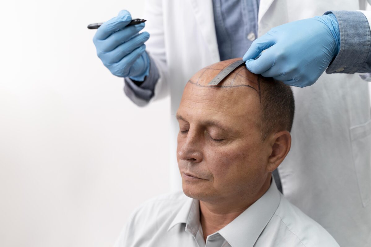 Doctor marking hairline on patient’s scalp during hair transplant consultation in India.