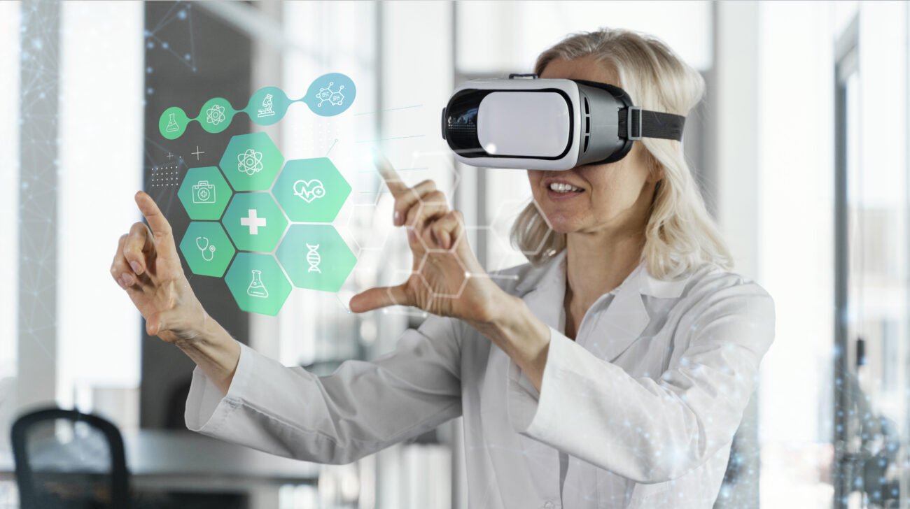 Healthcare professional using virtual reality headset to interact with futuristic medical icons, symbolizing innovation and Health Tech Hubs in India for dental and medical device solutions.