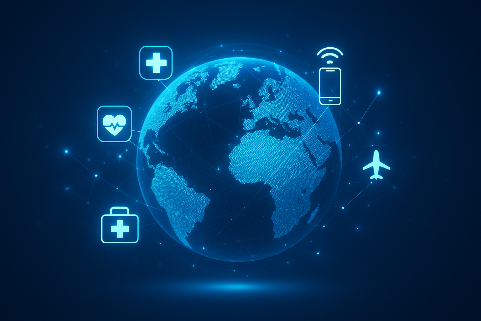 Digital illustration of global medical tourism with icons for healthcare, telemedicine, and air travel around the Earth.
