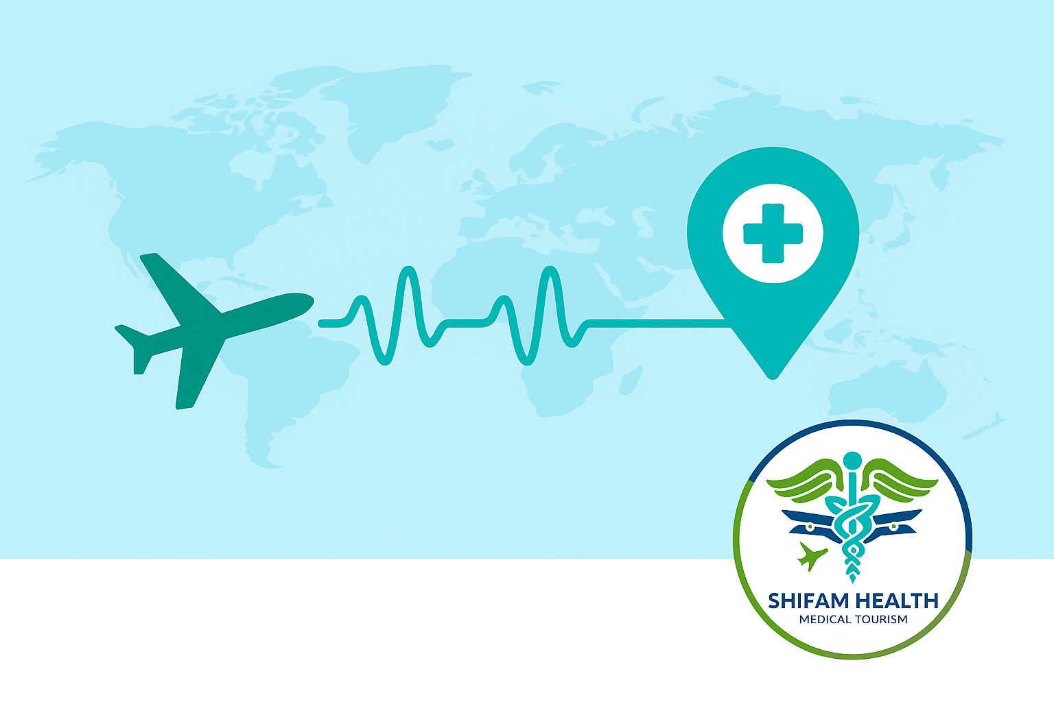 “Visa-free medical travel India illustration showing airplane, healthcare symbol, and world map representing patient flows to India”