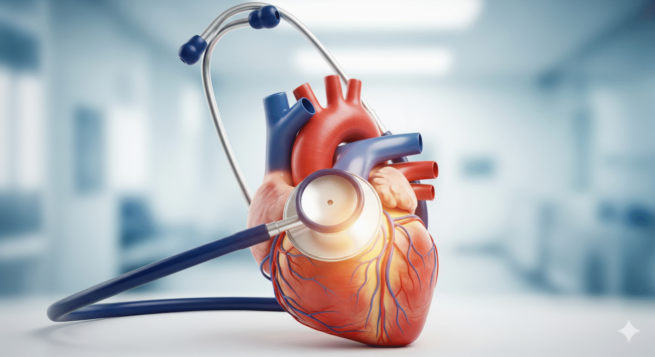 A stethoscope placed on a human heart model symbolizing India’s Edge in minimally invasive cardiac care.