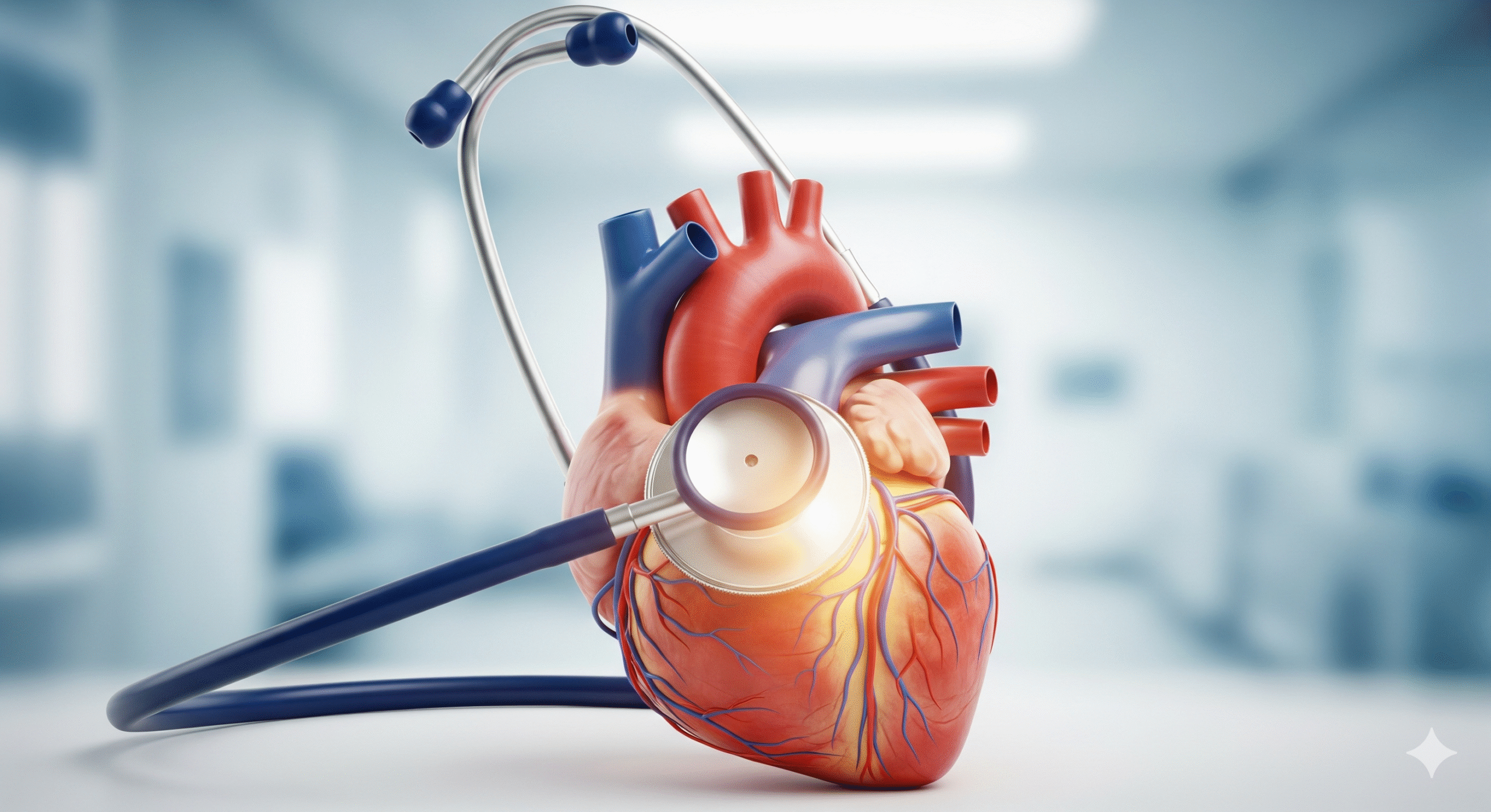 A stethoscope placed on a human heart model symbolizing India’s Edge in minimally invasive cardiac care.