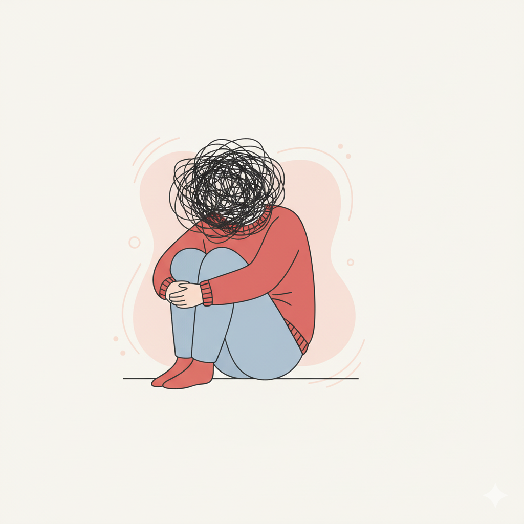 Illustration of a person sitting curled up with a scribble over their head, symbolizing anxiety and depression, representing India’s Mental Health Revolution in psychiatric care and wellness tourism.