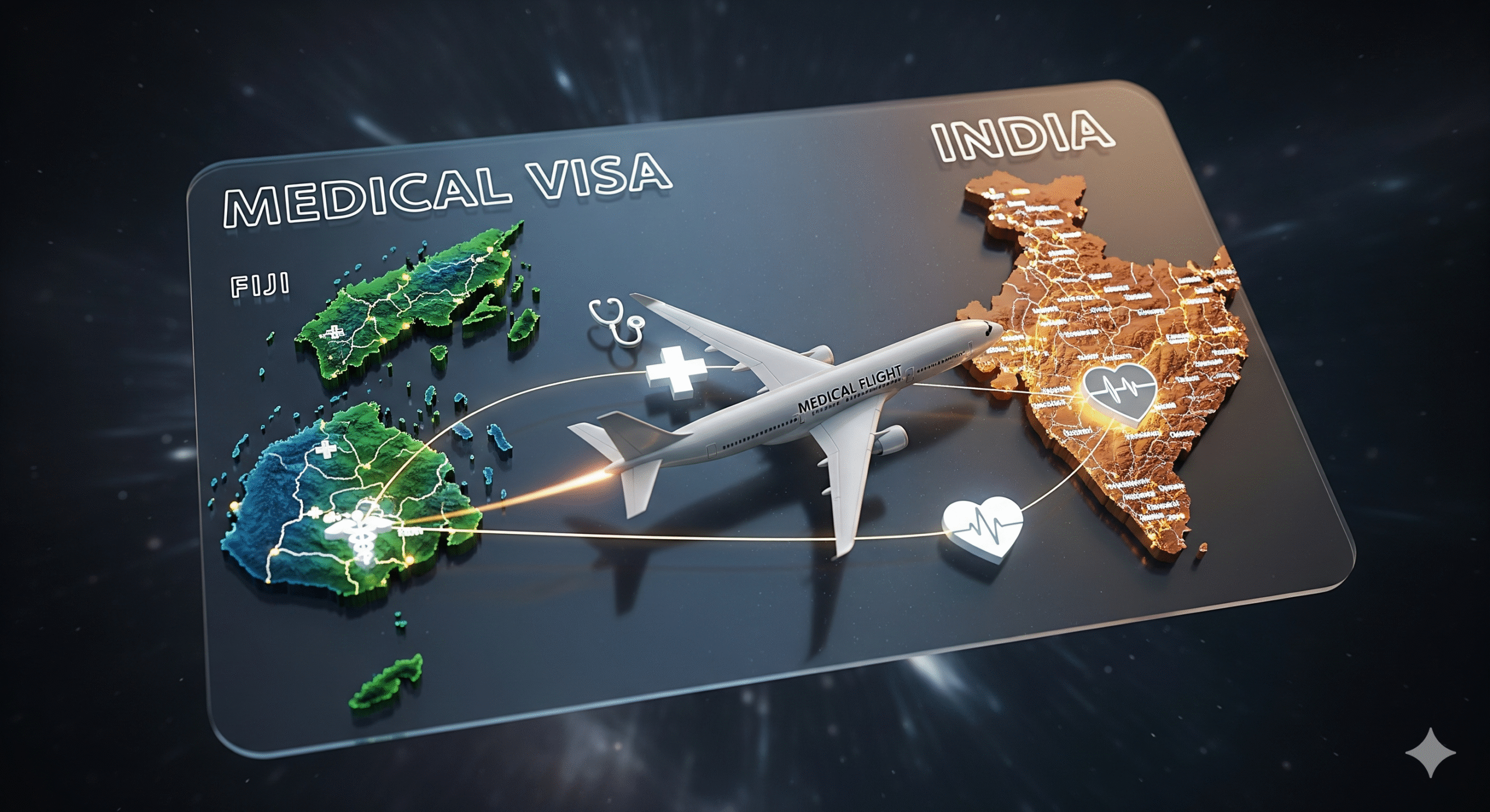 Illustration showing a medical flight route from Fiji to India for patients seeking healthcare on a medical visa, with maps of both countries and healthcare symbols.
