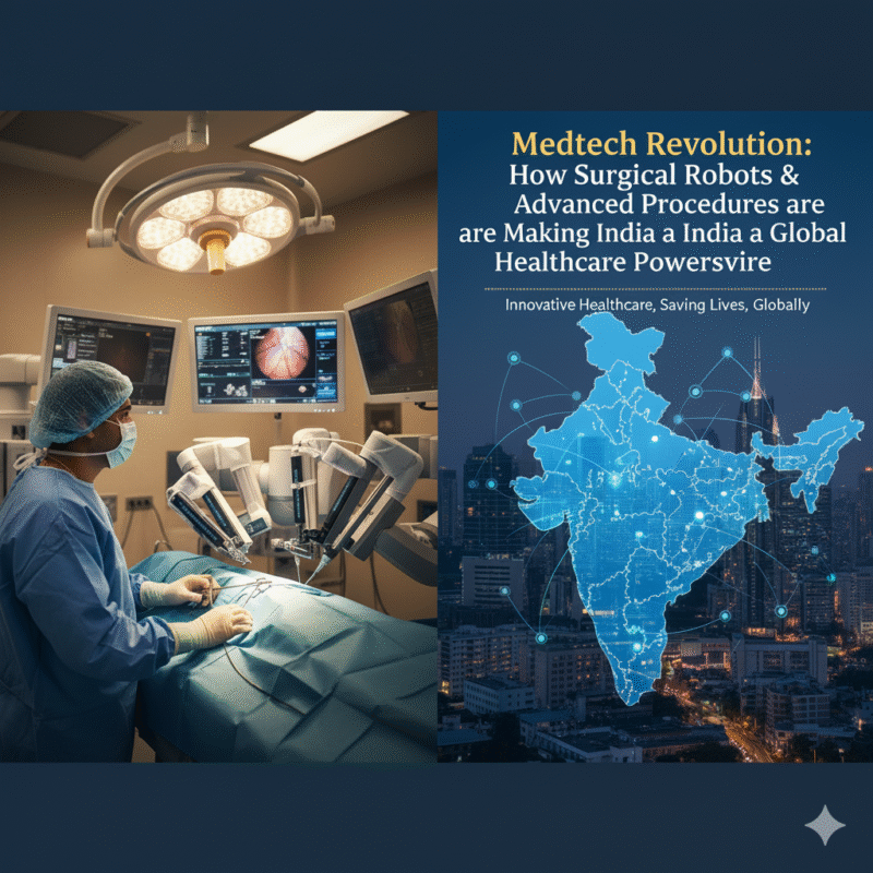 A surgeon operates using a robotic-assisted system in a modern surgical suite, highlighting the rise of Surgical Robots in India and the country's advancements in healthcare technology.