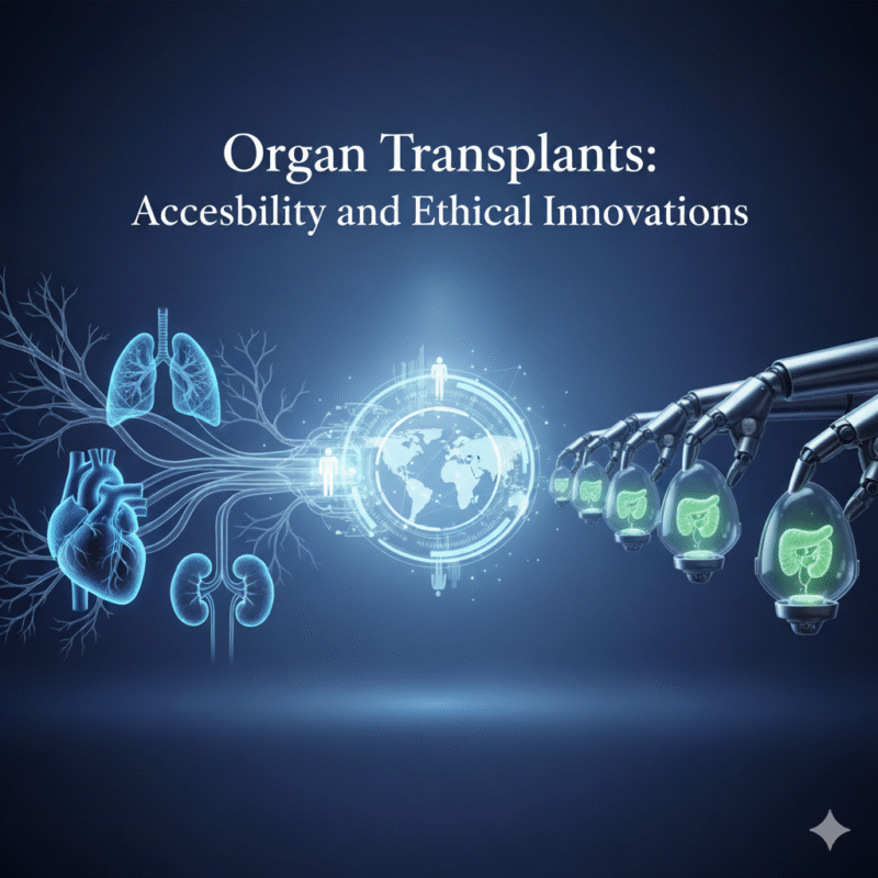 Futuristic illustration of ethical organ transplants showing human organs and robotic arms producing organs, symbolizing accessibility and innovation.