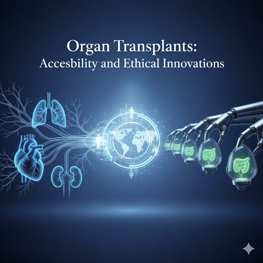 Futuristic illustration of ethical organ transplants showing human organs and robotic arms producing organs, symbolizing accessibility and innovation.