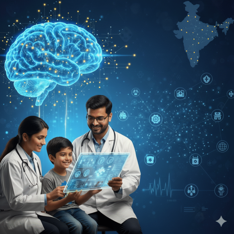 Indian pediatric neurologists using advanced digital technology to diagnose and treat childhood neurological conditions, with a glowing brain illustration and India map in the background.