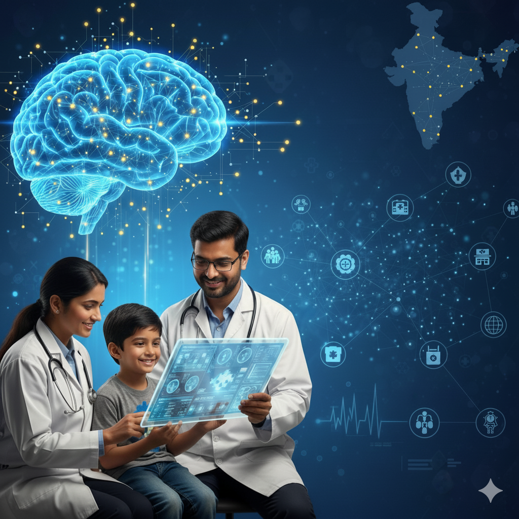 Indian pediatric neurologists using advanced digital technology to diagnose and treat childhood neurological conditions, with a glowing brain illustration and India map in the background.