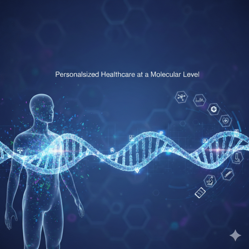 Digital illustration of human silhouette with DNA double helix representing personalized healthcare and genetic testing at a molecular level