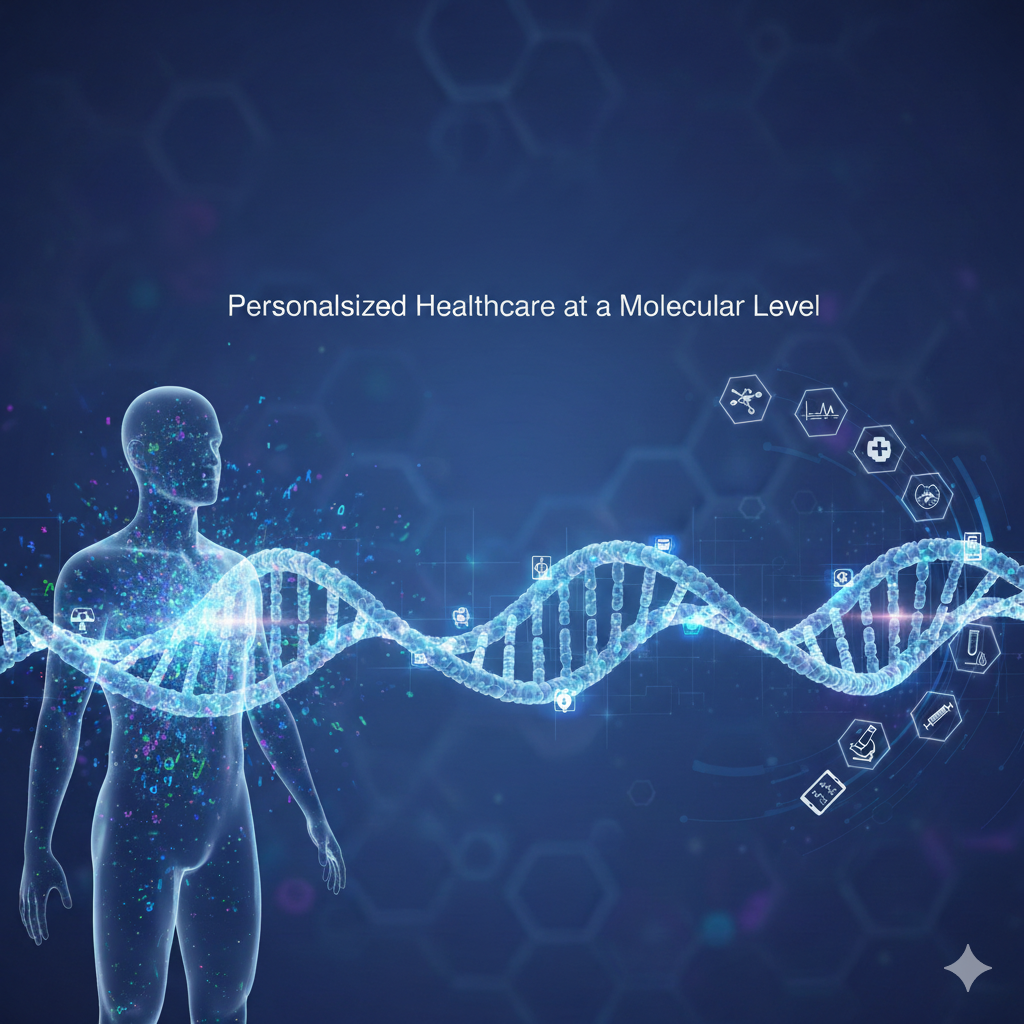 Digital illustration of human silhouette with DNA double helix representing personalized healthcare and genetic testing at a molecular level
