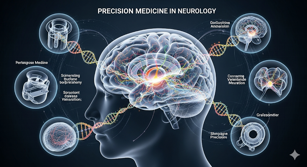 Digital illustration of precision medicine in Indian neurology showing DNA strands and brain scans to highlight personalized treatments for Parkinson’s and Alzheimer’s disease