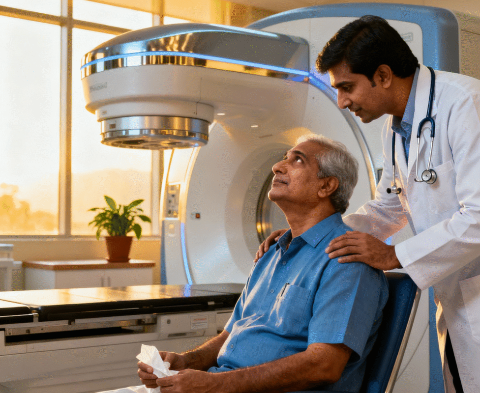 Caring oncologist consulting a patient in a modern proton therapy center in India, highlighting compassionate cancer care.