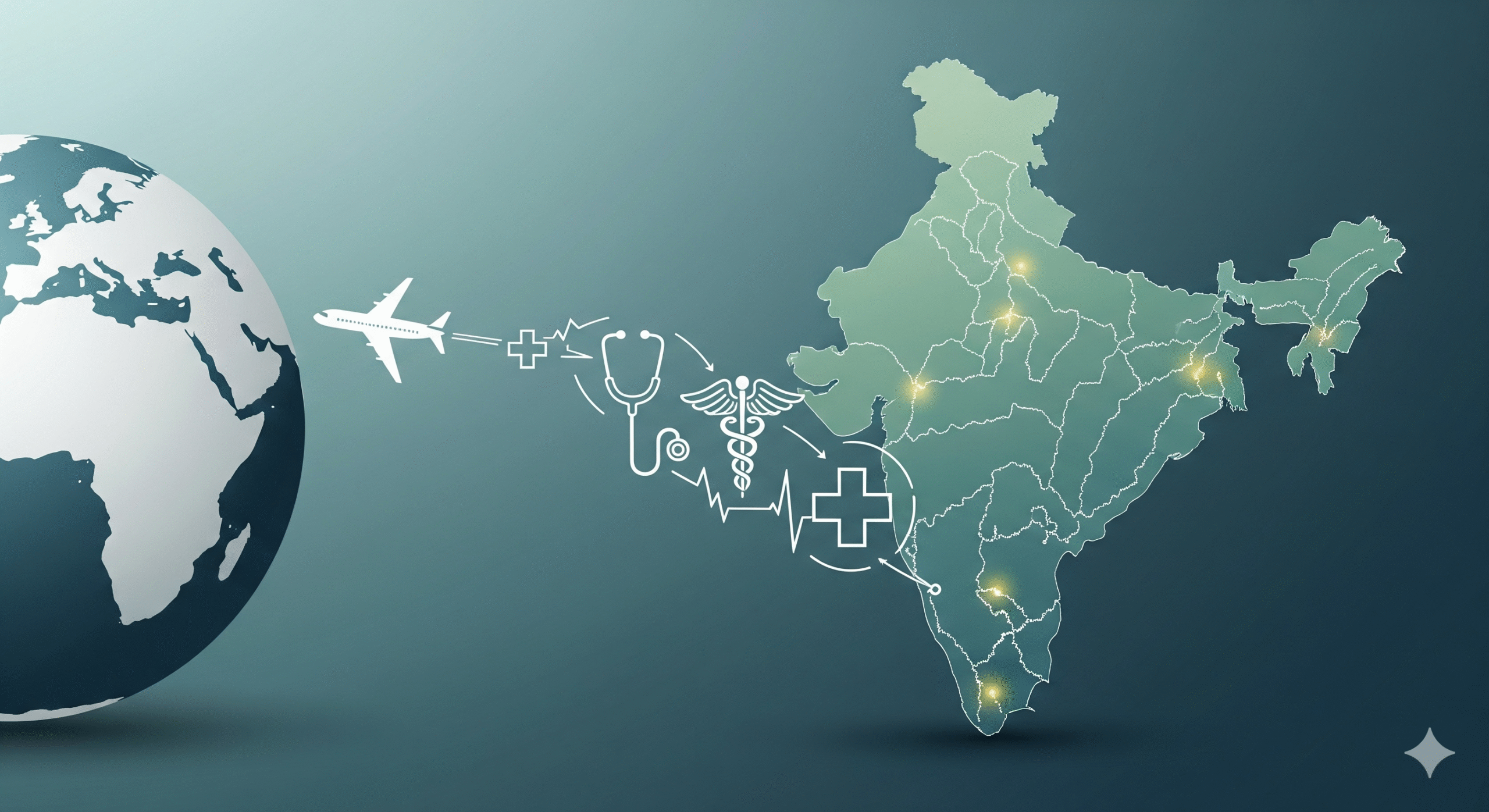 Illustration of global medical travel to India showing an airplane and healthcare icons leading to highlighted cities across India