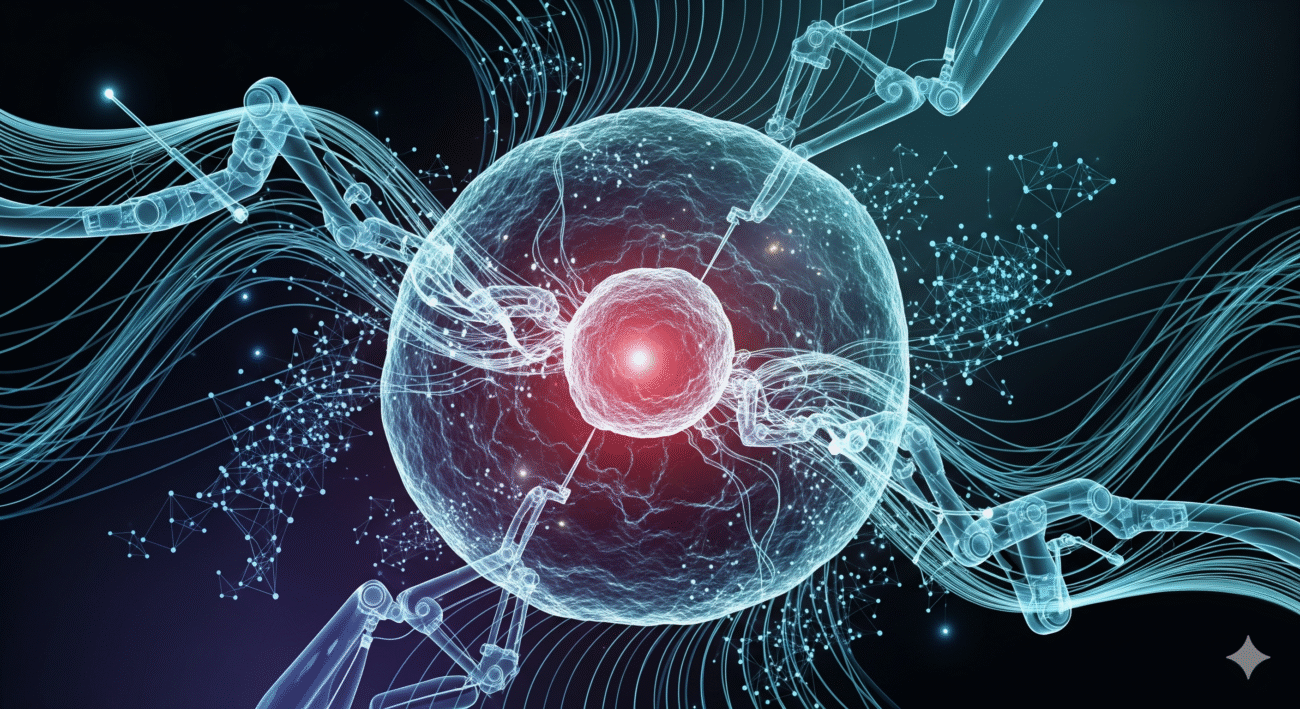 Close-up digital illustration of robotic arms performing precision cancer surgery at a cellular level, symbolizing advanced robotic Cancer Surgery in India.