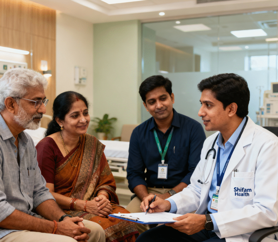 Compassionate doctor and Shifam Health medical coordinator gently consulting a foreign patient's family in a modern hospital room in India with soft natural lighting, focusing on trust and human connection.