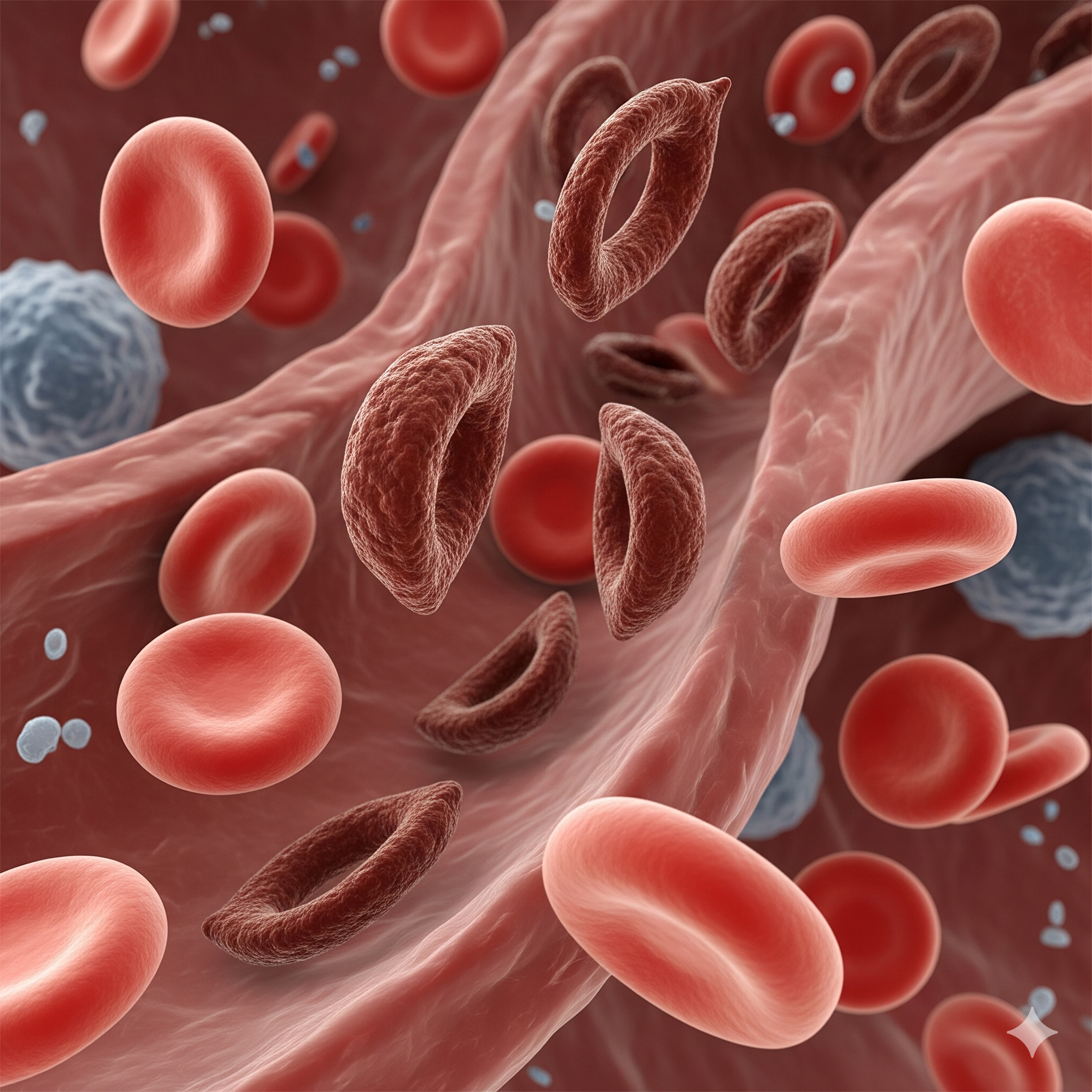 3D illustration of normal and sickle-shaped red blood cells flowing through blood vessels, highlighting sickle cell anemia.