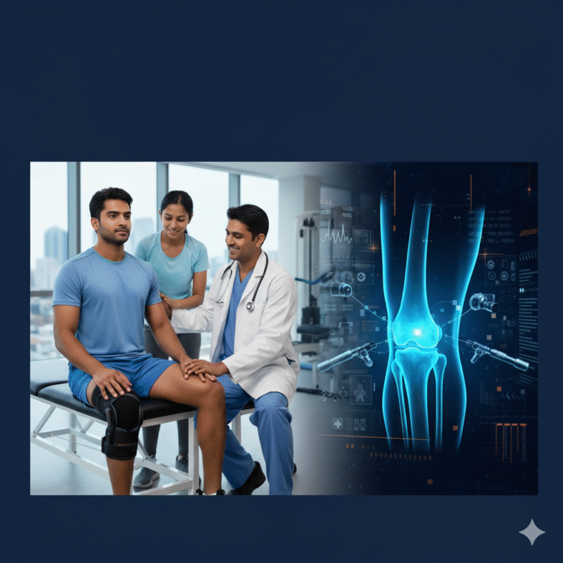 Indian doctors performing a knee evaluation for an athlete wearing a brace with a digital visualization of the knee joint and arthroscopy tools, representing Sports Injury and Arthroscopy Treatments in India.