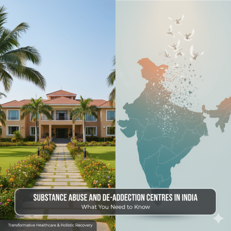 Modern rehabilitation facility with palm trees and landscaped gardens alongside an artistic map of India with flying doves, symbolizing freedom from addiction — highlighting De-addiction Centres in India.