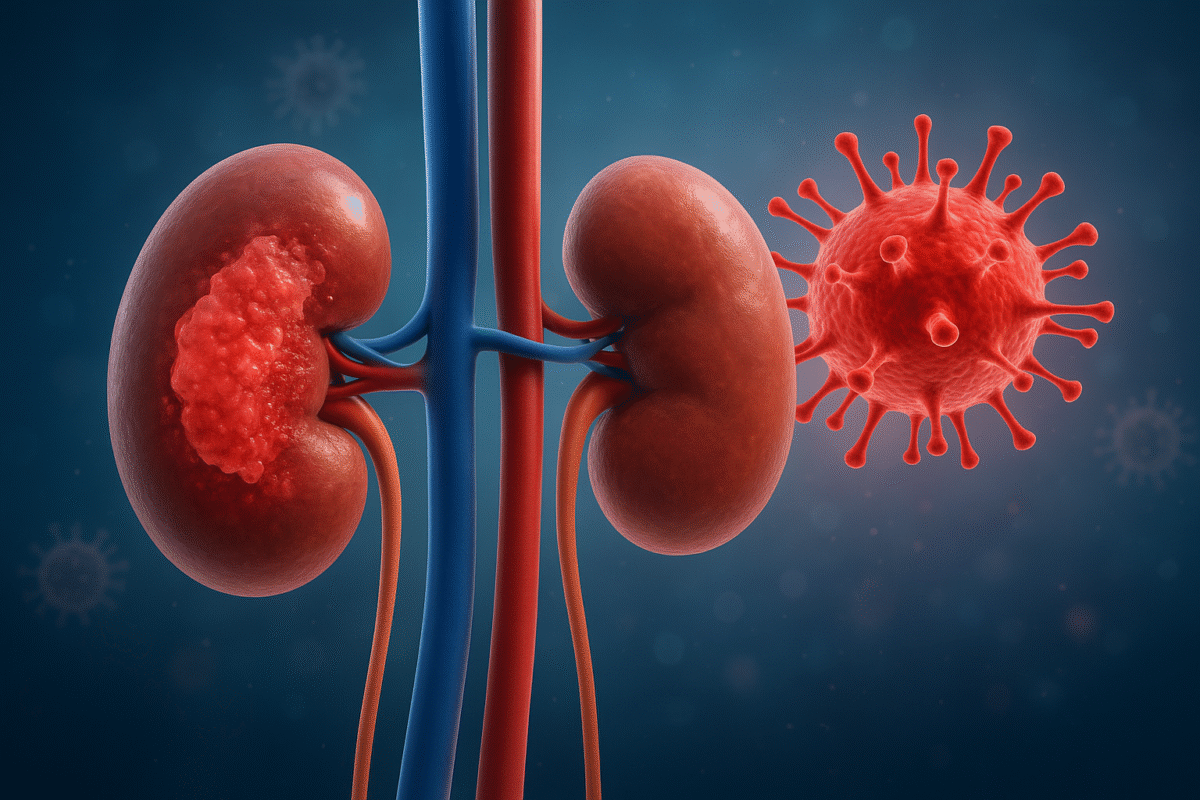3D medical illustration of kidney disease showing viral infection and organ damage in human kidneys