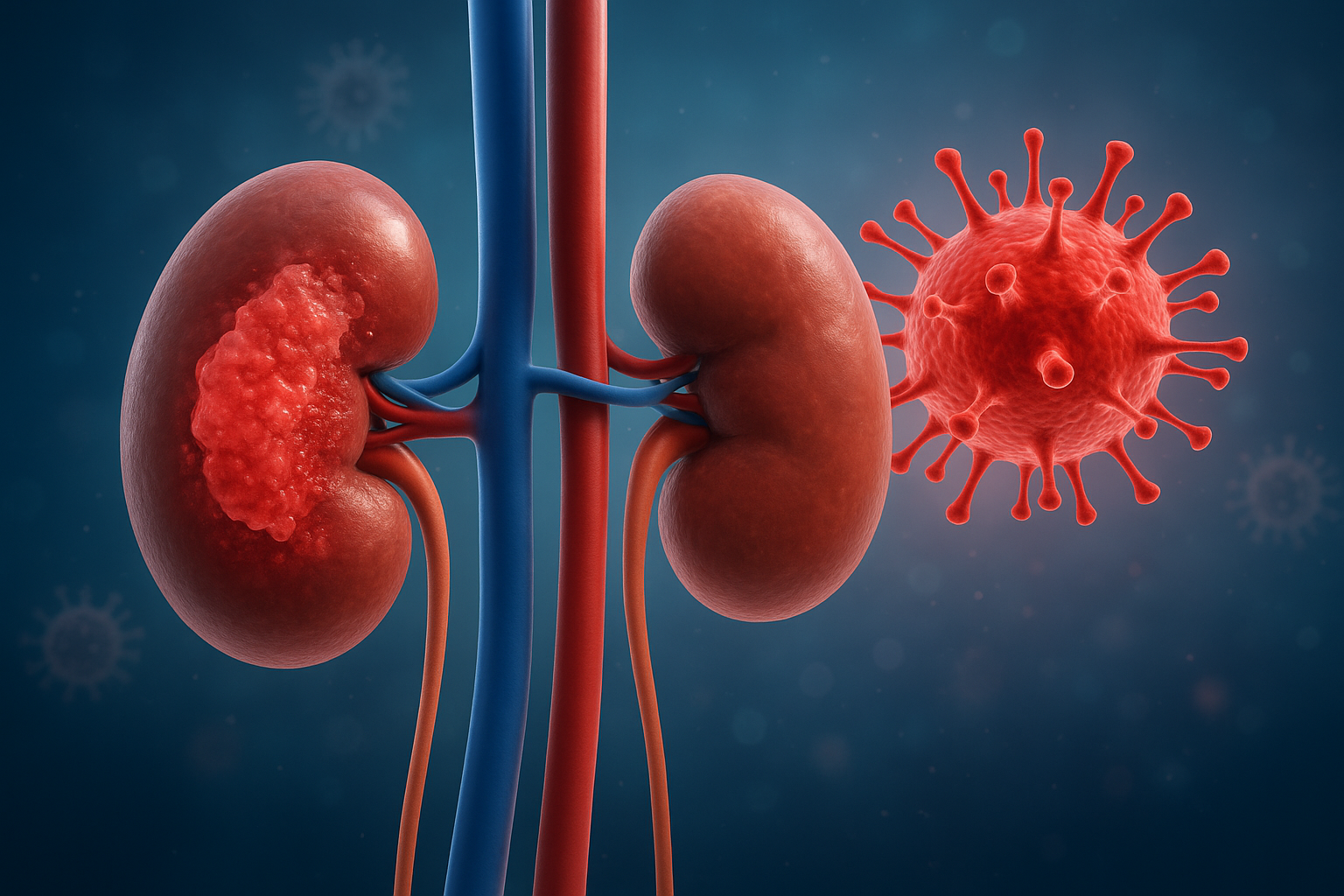 3D medical illustration of kidney disease showing viral infection and organ damage in human kidneys