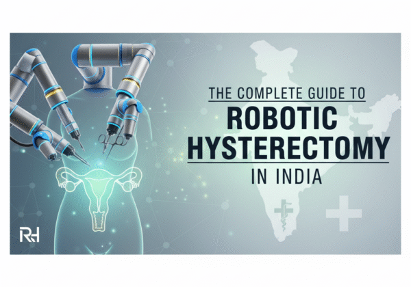 Medical illustration showing robotic surgical arms performing a hysterectomy with a highlighted female reproductive system, representing advanced options for Robotic Hysterectomy in India