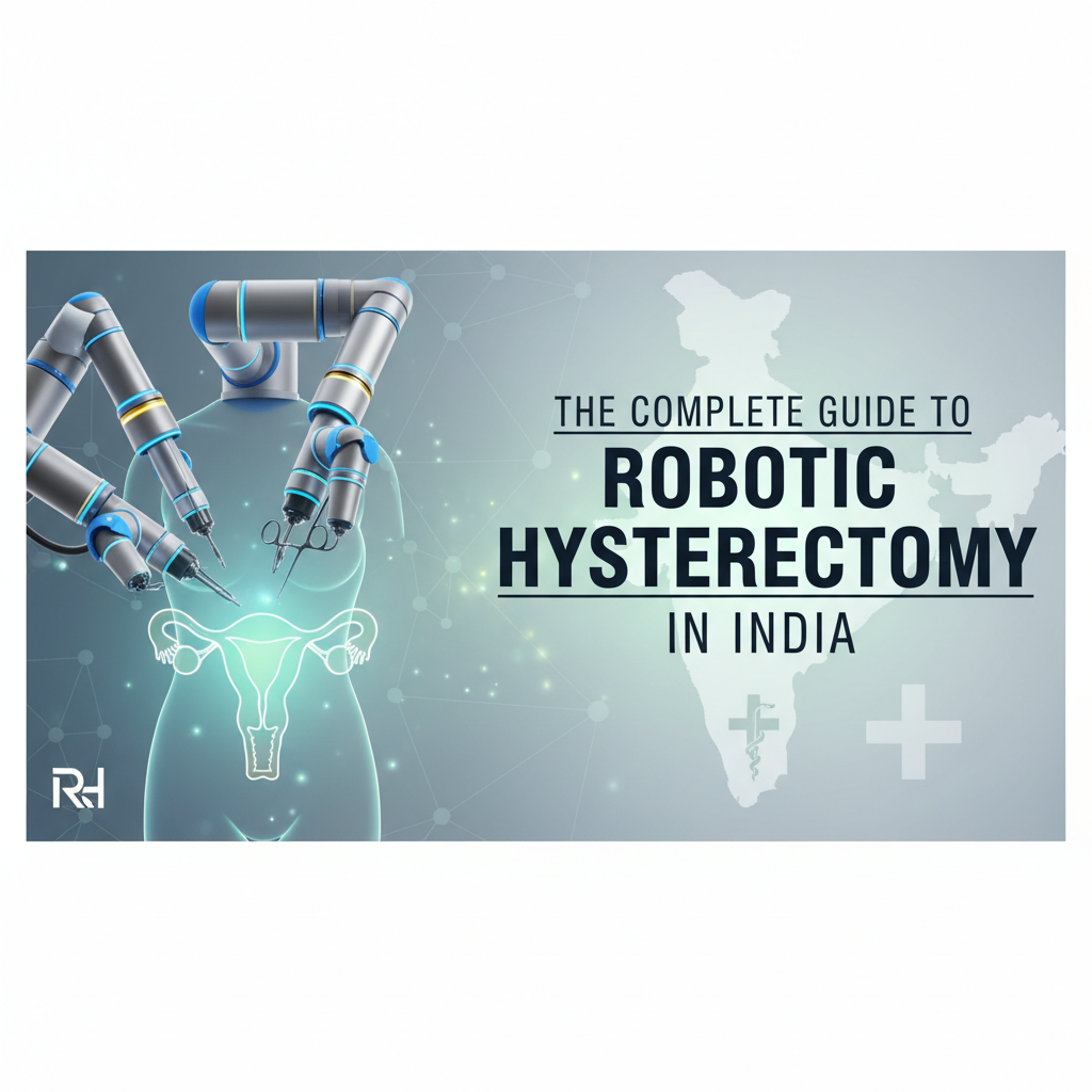 Medical illustration showing robotic surgical arms performing a hysterectomy with a highlighted female reproductive system, representing advanced options for Robotic Hysterectomy in India