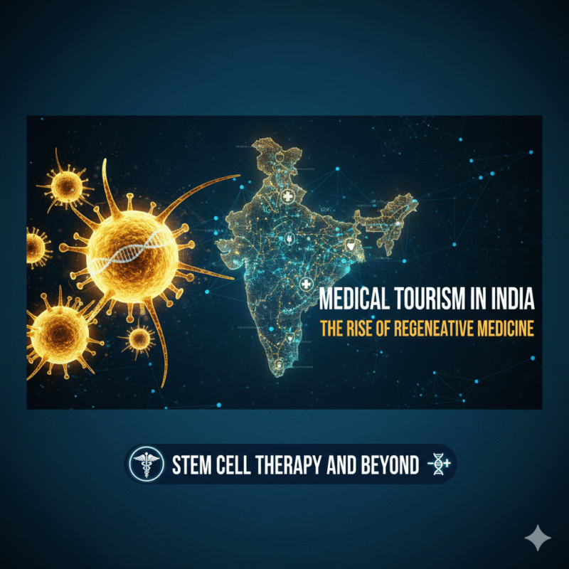 Digital illustration showing stem cells and DNA structures with a glowing map of India, symbolizing medical innovation. Text overlay: "Medical Tourism in India – The Rise of Regenerative Medicine, Stem Cell Therapy and Beyond."