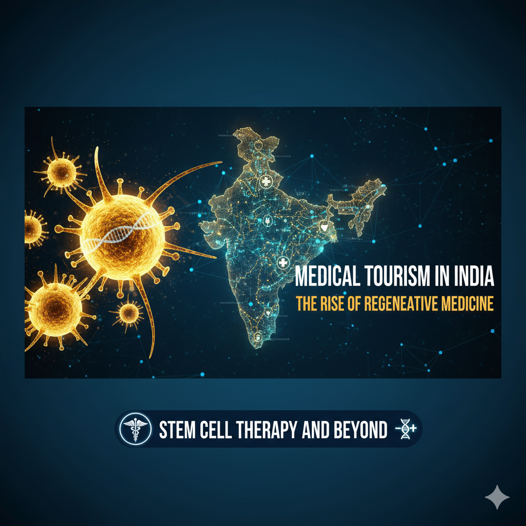 Digital illustration showing stem cells and DNA structures with a glowing map of India, symbolizing medical innovation. Text overlay: "Medical Tourism in India – The Rise of Regenerative Medicine, Stem Cell Therapy and Beyond."
